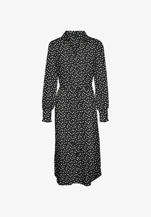 Robe midi noire à manches longues avec imprimé floral blanc, devant boutonné, col et ceinture à nouer à la taille.