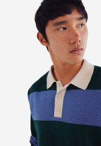 Polohemd mit horizontalen Streifen in Dunkelgrün, Hellblau und Marineblau, einem cremefarbenen Kragen und einer Knopfleiste mit drei Knöpfen. Weicher Stoff.