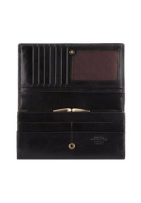 Porte-monnaie en cuir noir avec plusieurs emplacements pour cartes, une fenêtre transparente pour l'identité, deux compartiments pour billets et un fermoir à pression doré.
