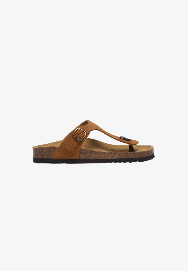 Brune ruskinds flip-flop sandal med en korkfod og en sort gummisål. Har en rem med en metalspænde og et mellemrum-stil design.