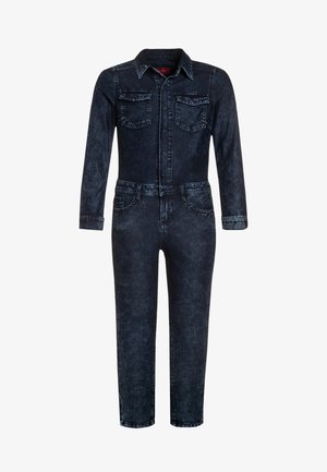 Dark blue denim jumpsuit with long sleeves, button front, two chest pockets, and front and back stitching details.