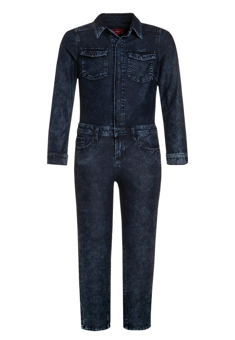Dark blue denim jumpsuit with long sleeves, button front, two chest pockets, and front and back stitching details.