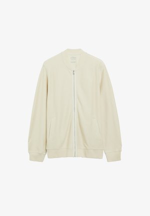 Reißverschlussjacke in Cremefarbe mit langen Ärmeln, geripptem Kragen, Bündchen und Saum sowie zwei Fronttaschen.