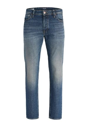 Blaue Denim-Jeans mit ausgebleichten vorderen Oberschenkeln, Fünf-Taschen-Design und Knopfverschluss in der Taille.