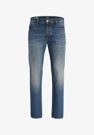 Jean en denim bleu avec des cuisses avant décolorées, style cinq poches et fermeture par bouton à la taille.