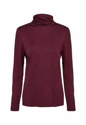 Bordeaux langærmet turtleneck top lavet af glat stof, med en foldet krave og en tætsiddende silhuet uden udsmykninger.
