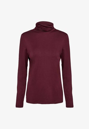 Bordeaux langærmet turtleneck top lavet af glat stof, med en foldet krave og en tætsiddende silhuet uden udsmykninger.