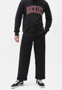 Osoba v černé mikině Dickies, volných černých kalhotách a černo-bílých vyšších teniskách, stojící na pozadí s jednobarevným bílým pozadím.