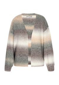 Cardigan oversize in morbido tessuto lavorato a maglia, caratterizzato da un motivo sfumato di grigio, beige e crema, con apertura frontale e polsini a costine.