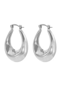 Boucles d'oreilles en argent en forme d'anneau avec une surface lisse et réfléchissante. Présentant une forme en goutte d'eau et un fermoir à charnière pour un port sécurisé.