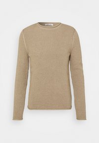Pull beige à manches longues avec un design en tricot texturé, col rond et poignets côtelés. À plat, sans logos ni motifs visibles.