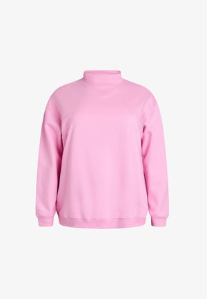 Sweatshirt rose avec col montant et détail en V. Fabriqué en tissu doux, il dispose de manches longues et d'une coupe décontractée. Sans motifs ni embellissements.