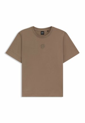 Braunes Baumwoll-T-Shirt mit kurzen Ärmeln, geripptem Rundhalsausschnitt und kleinem gesticktem Logo auf der Brust. Glatte Textur und reguläre Passform.