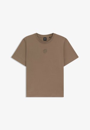 Bruine katoenen t-shirt met korte mouwen, geribde ronde hals en een klein geborduurd logo op de borst. Gladde textuur en regular fit.