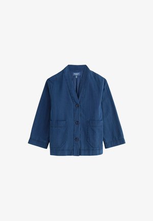 Marineblauwe jas met knopen, drie knopen, lange mouwen, twee opgestikte voorzakken en een V-hals kraag.