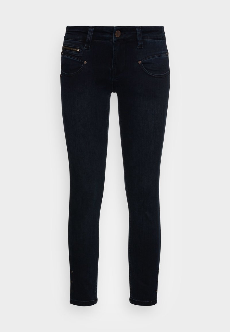 Mörk tvättade slim-fit jeans i denim, med en framfickor med dragkedja, två framfickor, bronsfärgad hårdvara och knappstängning i midjan.