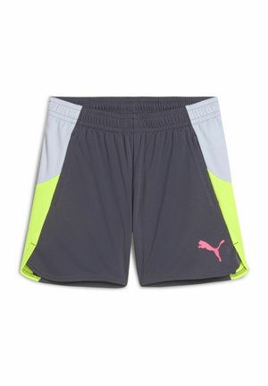 Gray athletic shorts with light blue and neon green side panels. Features an elastic waistband and pink Puma logo on the left leg.