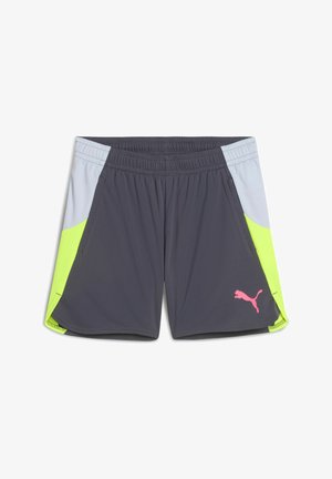 Szürke sportnadrág világoskék és neon zöld oldalpanelekkel. Rugalmas derékkal rendelkezik, és a bal lábon pink Puma logó található.