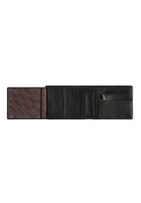 Portafoglio in pelle nera con più scomparti per carte, tasca con zip e un interno marrone a pattern. Presenta dettagli con logo impresso e accenti di cucitura.