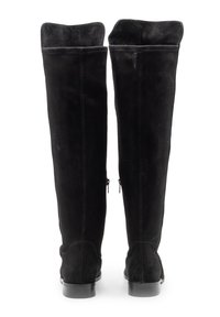 Stivali neri alti fino al ginocchio in morbido suede con una texture liscia, caratterizzati da una punta arrotondata e due zip laterali per facilità di calzata.