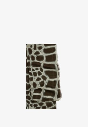 Brązowo-kremowy szalik z wzorem w żyrafę, wykonany z miękkiego materiału, z lekko postrzępioną krawędzią i prostokątnym kształtem.
