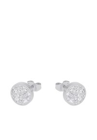 Pendientes de plata con cierre de tuerca, adornados con múltiples piedras transparentes dispuestas en un diseño patrón.