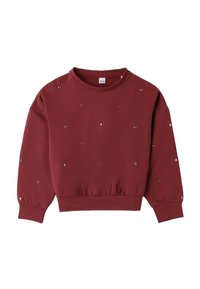 Felpa bordeaux realizzata in morbido tessuto, con scollatura rotonda, maniche lunghe e decorazioni metalliche sparse per un tocco di dettaglio.