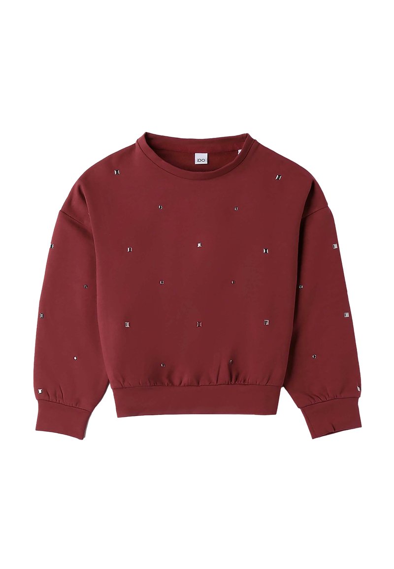 Felpa bordeaux realizzata in morbido tessuto, con scollatura rotonda, maniche lunghe e decorazioni metalliche sparse per un tocco di dettaglio.