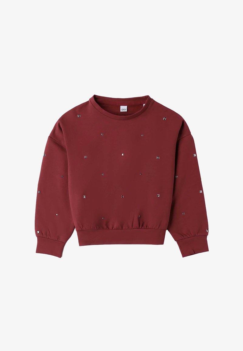 Felpa bordeaux realizzata in morbido tessuto, con scollatura rotonda, maniche lunghe e decorazioni metalliche sparse per un tocco di dettaglio.