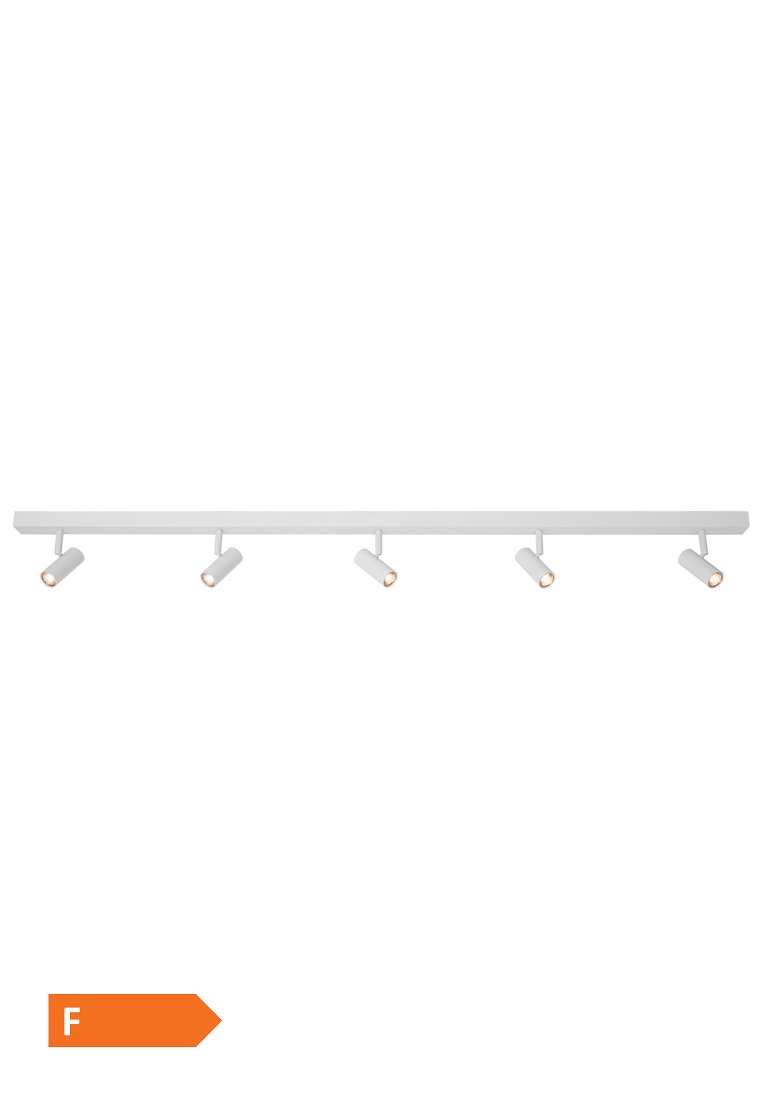 Weißes Schienenlicht mit fünf zylindrischen Spot-Head. Jeder Kopf ist verstellbar und auf einer flachen, länglichen weißen Leiste montiert.