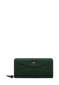 Green faux crocodile leather wallet with a smooth top flap, embossed texture, gold logo accent, and a zipper pull decoration.