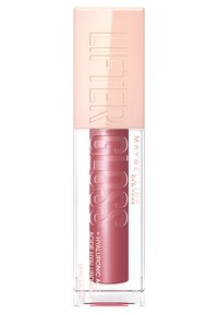 Maybelline Lifter Gloss in a clear tube with light pink cap; features bold "LIFTER" and "GLOSS" labels, contains hydrating formula.