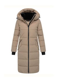 Abrigo acolchado de longitud hasta la rodilla en color beige con cremallera negra, capucha y bolsillos. Presenta un forro interior negro y puños de canalé para mayor calidez.