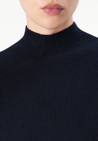 Nahaufnahme des unteren Gesichts und Halses, der einen dunkelblauen Rippstrickpullover mit hohem Kragen vor einem weißen Hintergrund trägt.