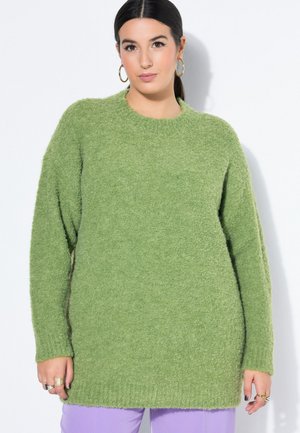 Kvinde med mørkt hår iført gyldne store øreringe, en fluffy grøn sweater og lyse lilla bukser, står foran en hvid baggrund.
