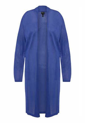 Długi, otwarty kardigan w intensywnym niebieskim kolorze, wykonany z lekkiego, przezroczystego materiału. Posiada długie rękawy i dwie przednie kieszenie.