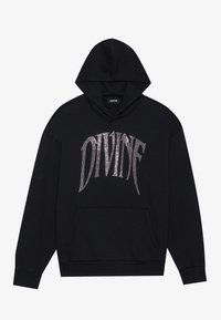 Hanorac negru cu un mare grafic strălucitor "DIVINE" în argintiu. Dispune de un buzunar tip kengur, glugă cu șnur și manșete ribbate.