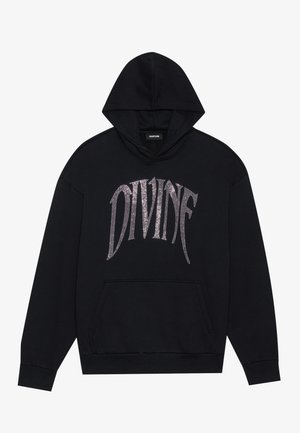 Felpa nera con un grande grafico scintillante "DIVINE" in argento. Dotata di tasca a marsupio, cappuccio con cordino e polsini a coste.