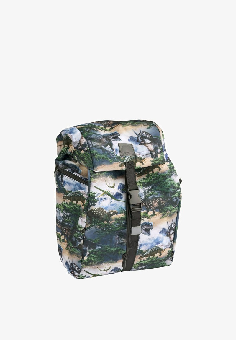 Rugzak met een kleurrijke print van een dinosaurus en landschap, voorzien van een stevige band, ritszakken en een zachte stoftextuur.