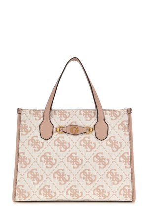 Sac cabas beige et marron clair avec un motif monogrammé, deux anses épaules et un fermoir doré présentant la lettre G.