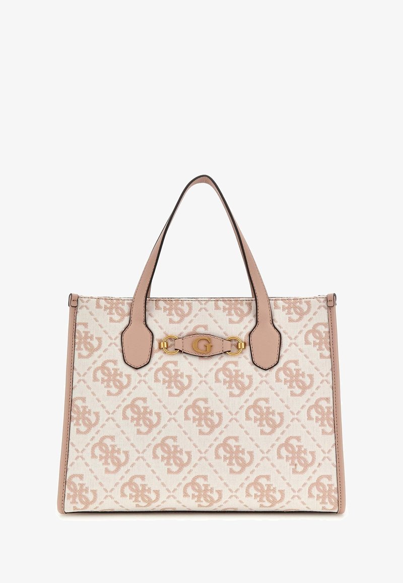 Sac cabas beige et marron clair avec un motif monogrammé, deux anses épaules et un fermoir doré présentant la lettre G.