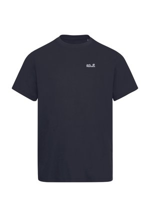 Marineblaues Baumwoll-T-Shirt mit klassischem Rundhalsausschnitt, kurzen Ärmeln und kleinem weißem Logo auf der Brust. Glatte, leichte Textur.