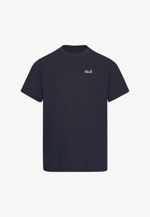 Marineblaues Baumwoll-T-Shirt mit klassischem Rundhalsausschnitt, kurzen Ärmeln und kleinem weißem Logo auf der Brust. Glatte, leichte Textur.