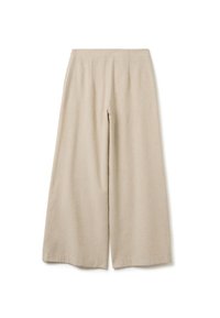 Pantalons beige à jambes larges avec taille haute et sans poches visibles, fabriqués dans un tissu doux et texturé, présentés à plat sur un fond blanc.