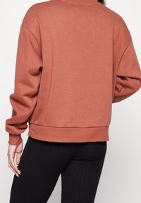 Sudadera de color óxido con un ajuste relajado, mangas largas y puños acanalados. Textura suave, con un diseño simple y cinturilla.