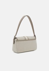 Beige crossbody bag made of textured fabric with a flat shape. Features a contrast stripe, adjustable strap, and silver hardware accents.