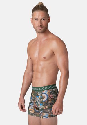 Man zonder shirt met teruggebonden haar, die kleurrijke patroonboxers draagt met een groene tailleband met het merk "MALO".