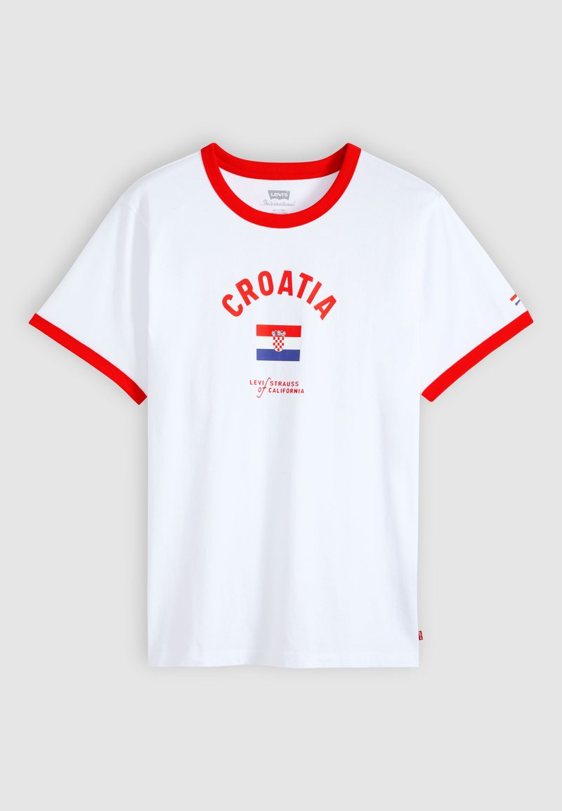 White T-shirt with red collar and sleeve edges, "CROATIA" text above Croatian flag and Levi Strauss of California logo on front center.