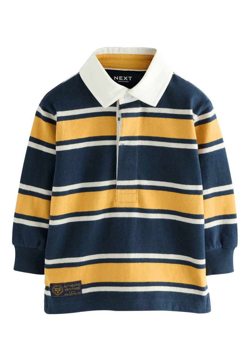 Polo manches longues rayé bleu marine et jaune en tissu doux, avec un col blanc et une petite étiquette de marque sur l'ourlet.