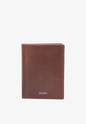 Brown leather bifold wallet with white "JOOP!" logo embossed on the front bottom right corner.